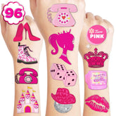 8 Sheets (98PCS) Hot Pink Princess Tattoos Temporary Stickers Birthday Party Favors Supplies Decorations Cute For Women Adult Kids Girls Boys Gifts Prizes Rewards